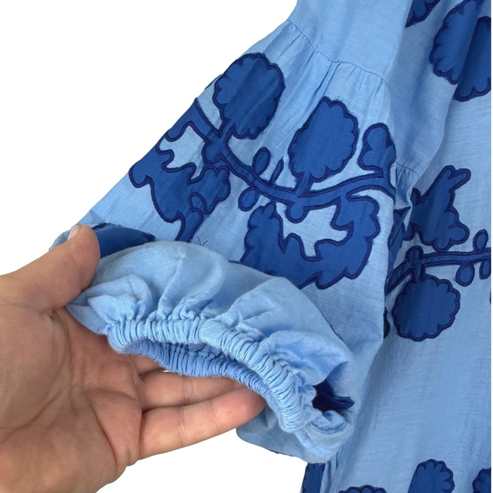 Oliphant Blue Embroidered Floral Applique Puff Sleeve Maxi Dress Medium - Picture 11 of 16